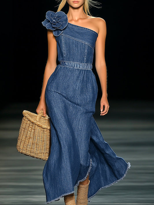 Elegant Strapless Denim 3D Floral Maxi Dress