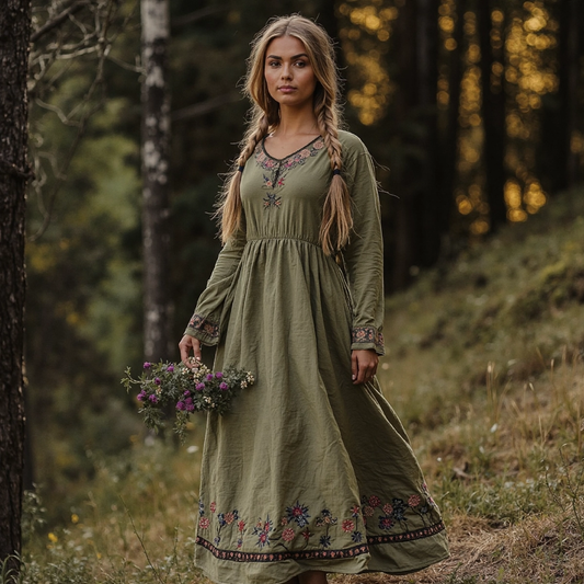 Women's Vintage Cotton Linen Embroidered Floral Dress artswardrobe