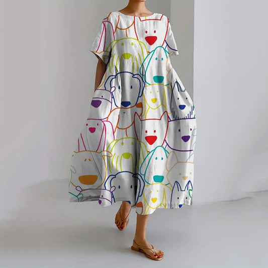 Comstylish Colorful Line Dog Print Short Sleeved Loose Midi Dress