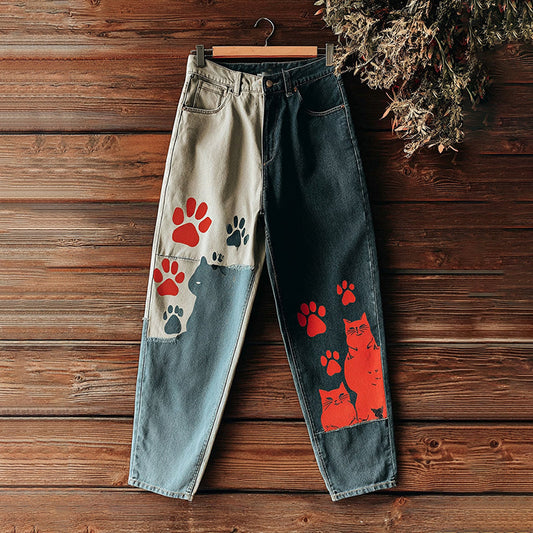 Women's Cute Cat Pattern Contrast Jeans elevenforest