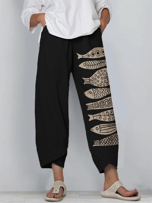 Comstylish Fish Japanese Lino Art Linen Blend Cropped Pants