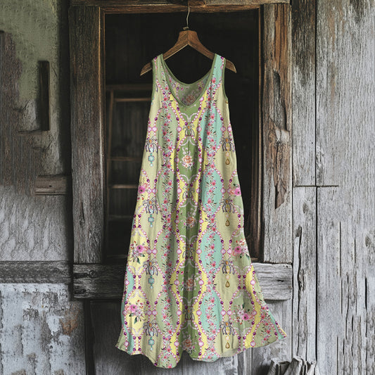 Women's Bohemian Floral Art Cotton And Linen Sleeveless Dress artswardrobe