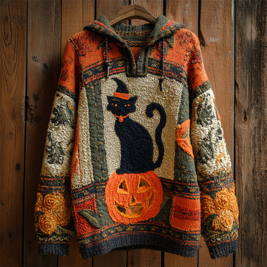 Halloween Black Cat With Hat & Pumpkin Women's Knit Hooded Sweater artswardrobe