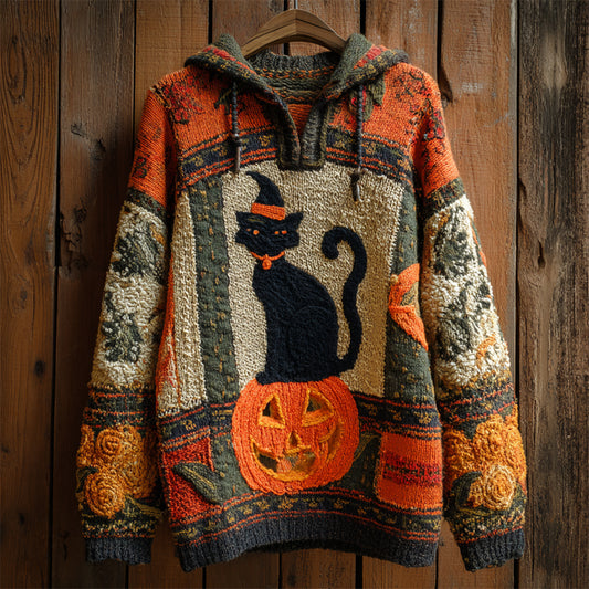 Comstylish Halloween Black Cat With Hat & Pumpkin Women's Knit Hooded Sweater