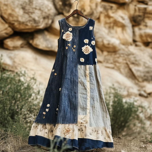 Comstylish Women's Vintage Floral Denim Blue Patchwork Sleeveless Dress