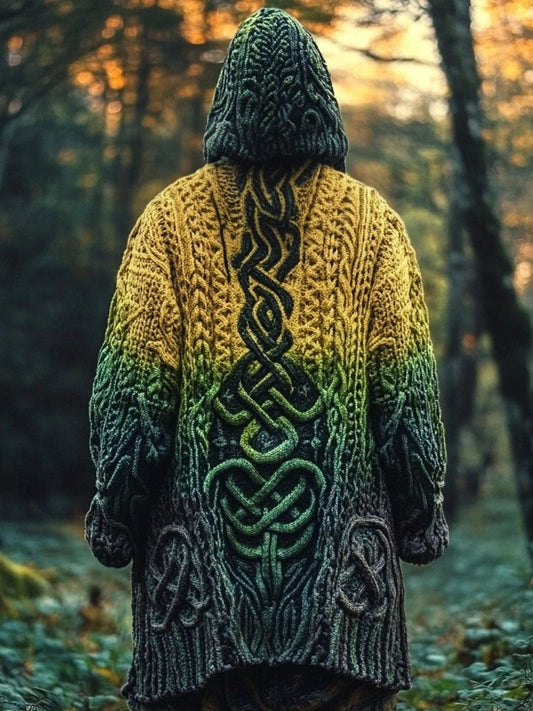 Retro Irish Celtic Jacquard Gradient Chunky Hooded Cardigan elevenforest