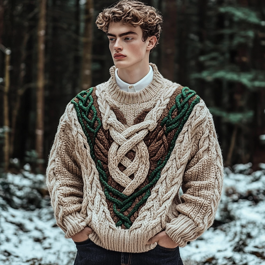Men's Celtic Knot Contrast Jacquard Crew Neck Sweater elevenforest
