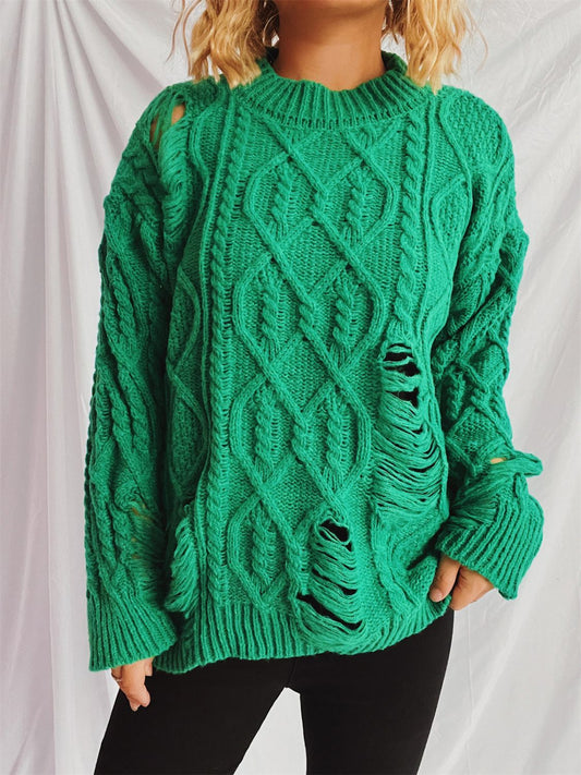 Clara® | Long-sleeved, crew-neck, distressed cable-knit sweater