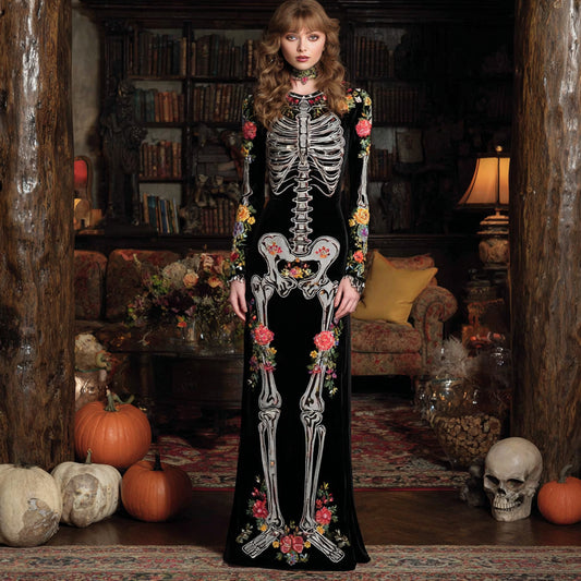 Comstylish Classy Mexican Day Of The Dead Skeleton Bones Embroidery Flowers Cozy Velvet Maxi Dress