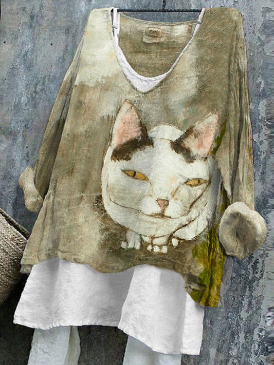 Women's Japanese Art Cat Print Linen Blend Vintage Shirt elevenforest