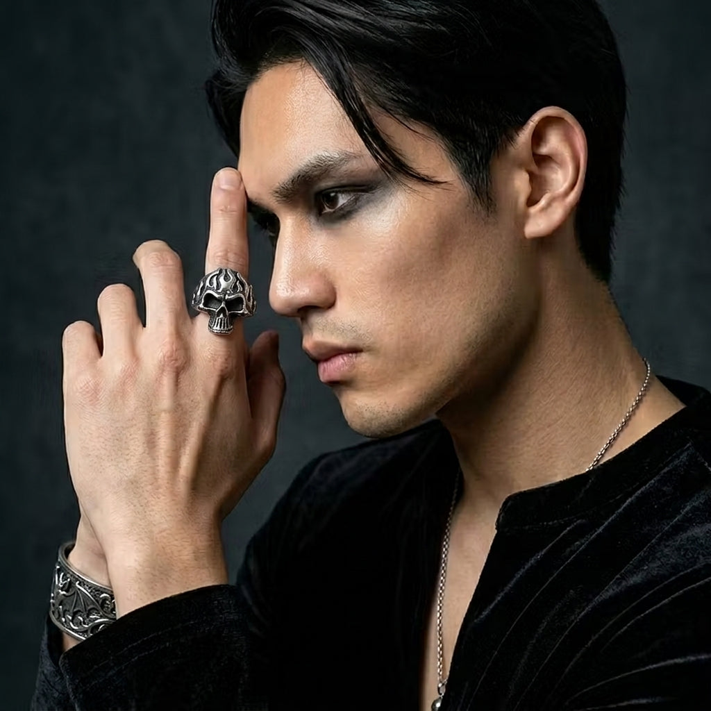 Tribal Flame Skull Statement Ring