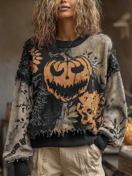 Halloween Pumpkin Face And Plant Flower Pattern Design Women's Round Neck Knit Sweater artswardrobe