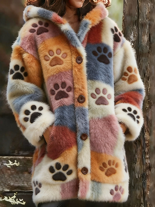 Comstylish Cute Cat Paw Print Long Plush Cardigan