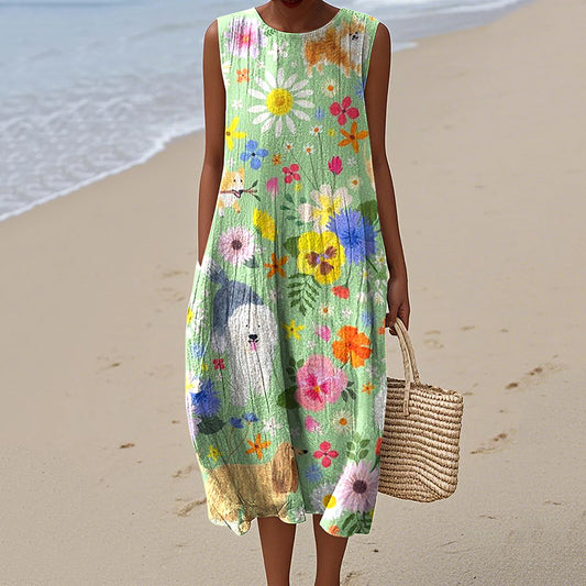 Women's Dog Print Crew Neck Tank Midi Dress artswardrobe