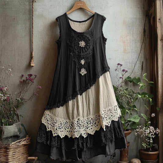 Retro Lace Patchwork Comfy Linen Tank Dress artswardrobe