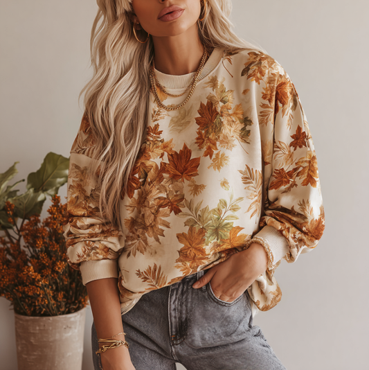 Comstylish Bohemian Style Maple Leaf Pattern Printed Long-sleeve Sweatshirt