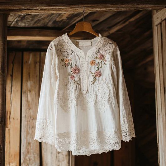 Comstylish Elegant Lace Rose Embroidery V-neck Shirt
