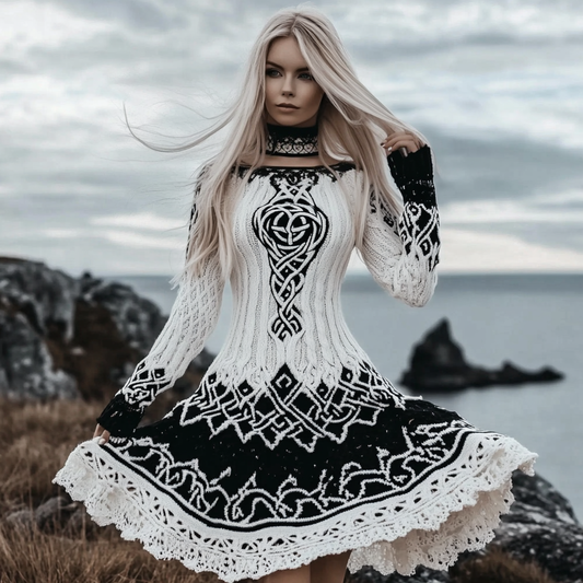 Vintage Celtic Knot Odin Triangle Jacquard Knit Crew Neck Dress elevenforest