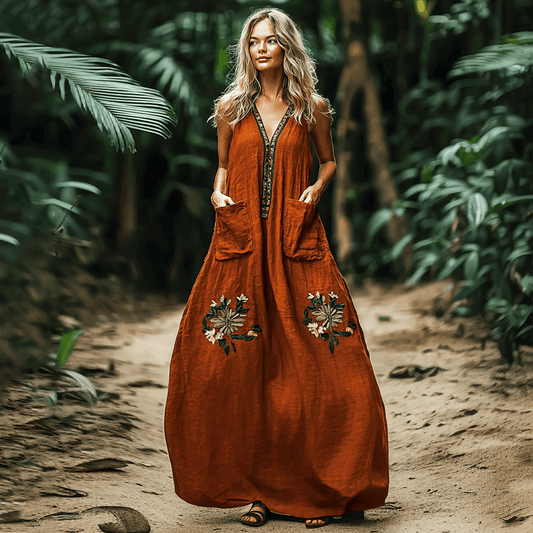 Bohemian Floral Embroidery Sleeveless  Cozy Linen Maxi Dress artswardrobe