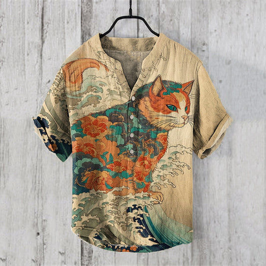 Japanese Cat Art Print Henry Collar Shirt elevenforest