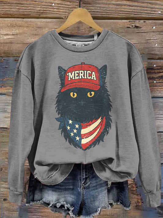 Comstylish Women's Merica Patriotic Black Cat Print Sweatshirt