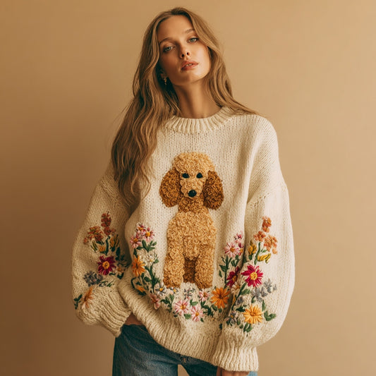 Comstylish Vintage Fuzzy Dog Colorful Wildflower Embroidery Crochet Cozy Knit Sweater