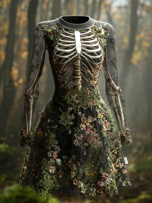 Comstylish Women's Halloween Skull Flowers Moss Witch Midi Dress