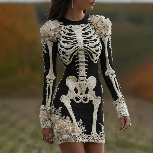 Women's Halloween Skeleton Bones With Rose Art Cozy Knit Mini Sweater Dress artswardrobe