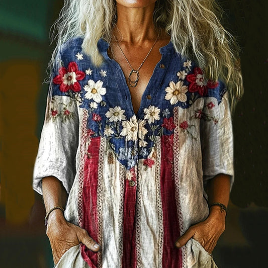 Comstylish Women's Independence Day Flag Floral Print Linen Blend Long Sleeve Shirt