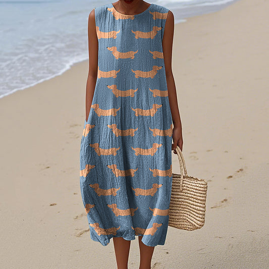 Women's Cute Dachshund Color Block Art Print Sleeveless Dress artswardrobe