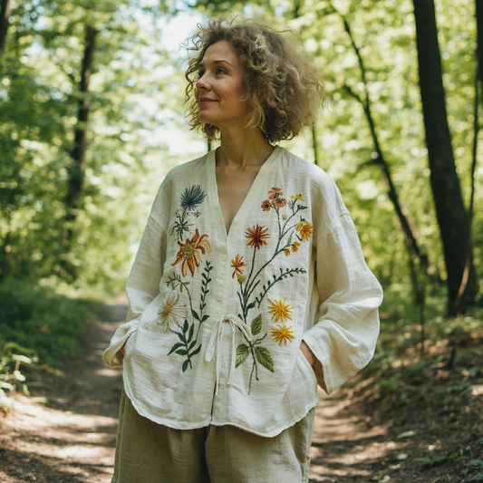 Comstylish Women's Flower Embroidered Cotton Linen Kimono