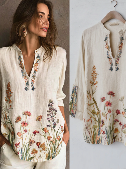 Bohemian Style Plant And Flower Elements Cotton And Linen Material Women's Shirt artswardrobe