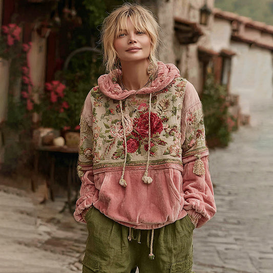 Women's Vintage Floral Embroidery Art Casual Hoodie artswardrobe