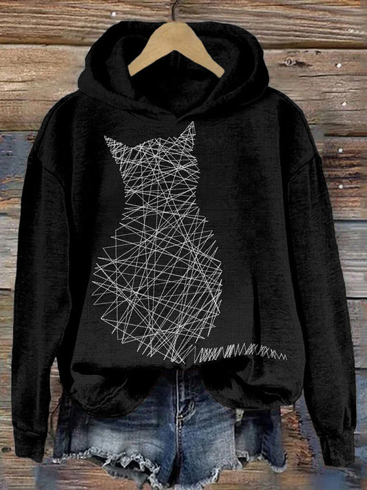 Cat Silhouette Tangled Threads Embroidered Cozy Hoodie elevenforest