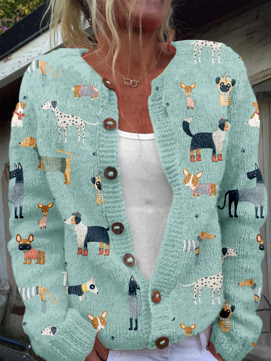 Comstylish Lovely Dogs Pattern Crew Neck Cozy Knit Cardigan