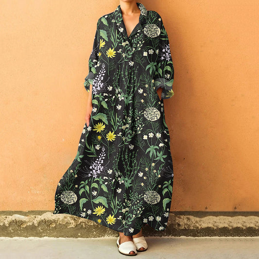 Comstylish Vintage Botanical Floral Lapel Long Sleeve Dress