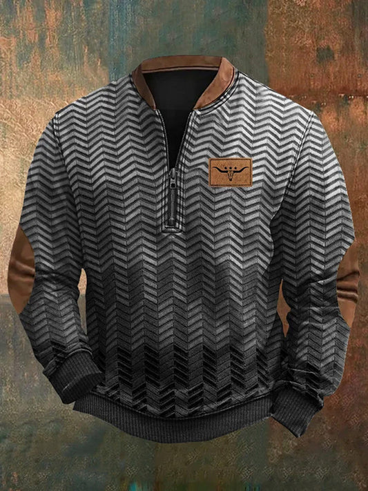 Men's Vintage Western Print Zip-Up Sweatshirt elevenforest