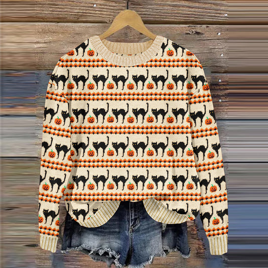 Halloween Pumpkin Cat Print Knitted Pullover Sweater artswardrobe