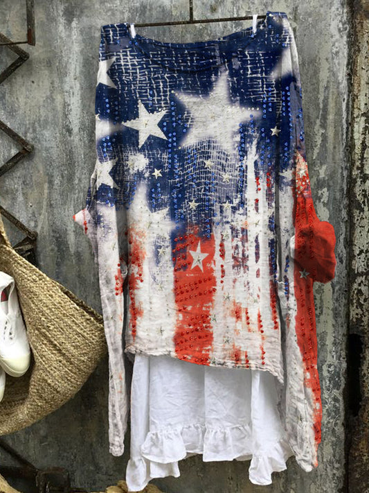 Comstylish Vintage American Flag Rhinestone Tie Dye Linen Blend Tunic