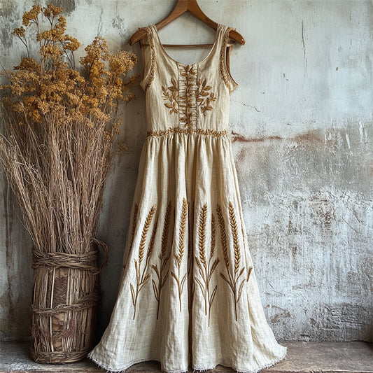 Lammas Vintage Wheat Embroidered Linen Maxi Dress artswardrobe