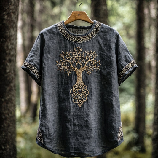 Men's Viking Tree Of Life Celtic Knot Art Linen T-shirt artswardrobe
