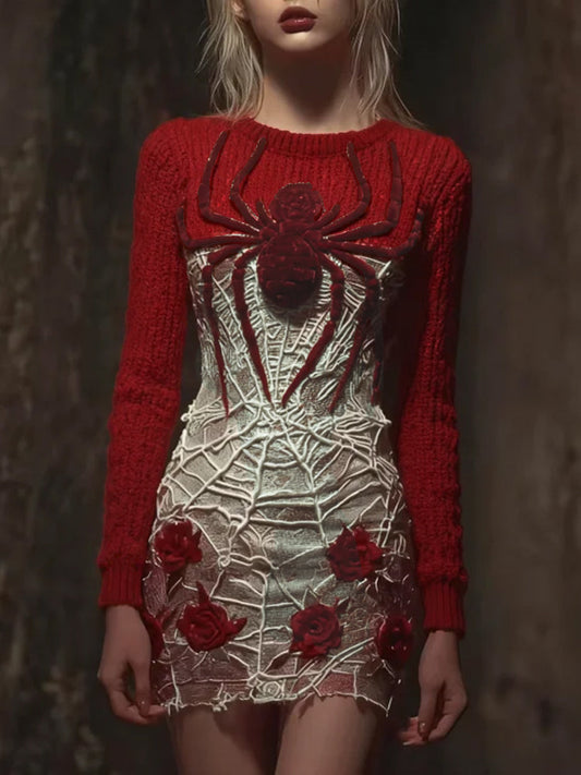Women Halloween Spider And Rose Vintage Knitted Mesh Dress artswardrobe