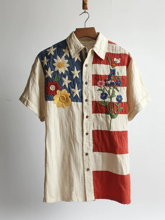 Vintage Flag Inspired Floral Embroidered Linen Shirt artswardrobe