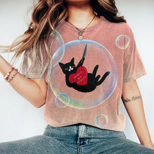 Fragile But Fearless Cat Print Crew Neck T-Shirt elevenforest