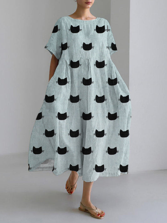 Black Cat Japanese Art Linen Blend Maxi Dress elevenforest