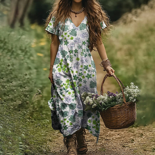 Women's Vintage Floral Print V-neck Linen Blend Midi Dress artswardrobe