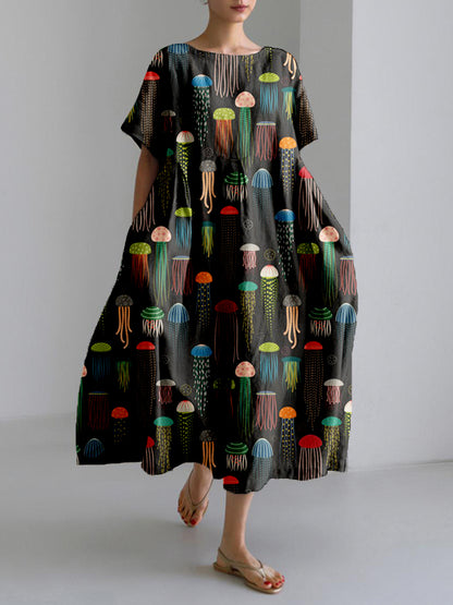 Comstylish Colorful Jellyfish Art Pattern Linen Blend Maxi Dress