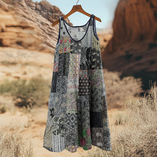 Japanese Traditional Sashiko Patchwork Art Linen Tank Dress artswardrobe