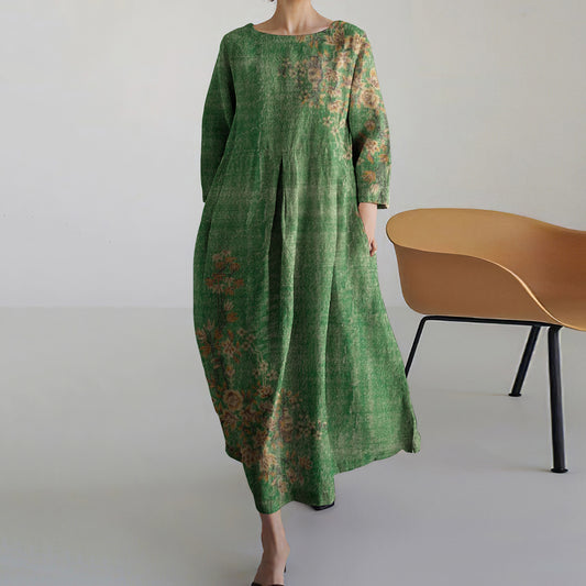 Comstylish Vintage Green Floral Round Neck Casual Dress