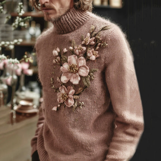 Men's Vintage Pink Almond Blossom Art Jacquard Thick Warm Turtleneck Sweater elevenforest